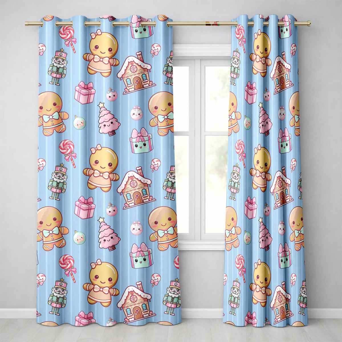 Cute Gingerbread Girl Candy House Sweet Blue Stripe Background Seamless Pattern  Readymade Eyelet Ring Top Thermal 100% Blackout Curtains