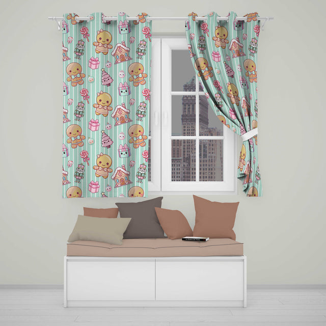 Cute Gingerbread Girl Candy House Sweet Mint Stripe Background Seamless Pattern  Readymade Eyelet Ring Top Thermal 100% Blackout Curtains