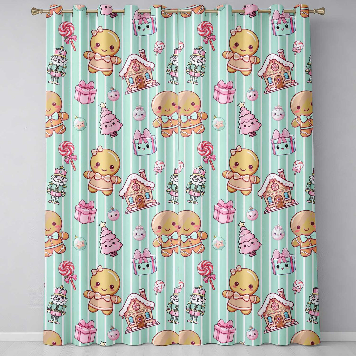 Cute Gingerbread Girl Candy House Sweet Mint Stripe Background Seamless Pattern  Readymade Eyelet Ring Top Thermal 100% Blackout Curtains