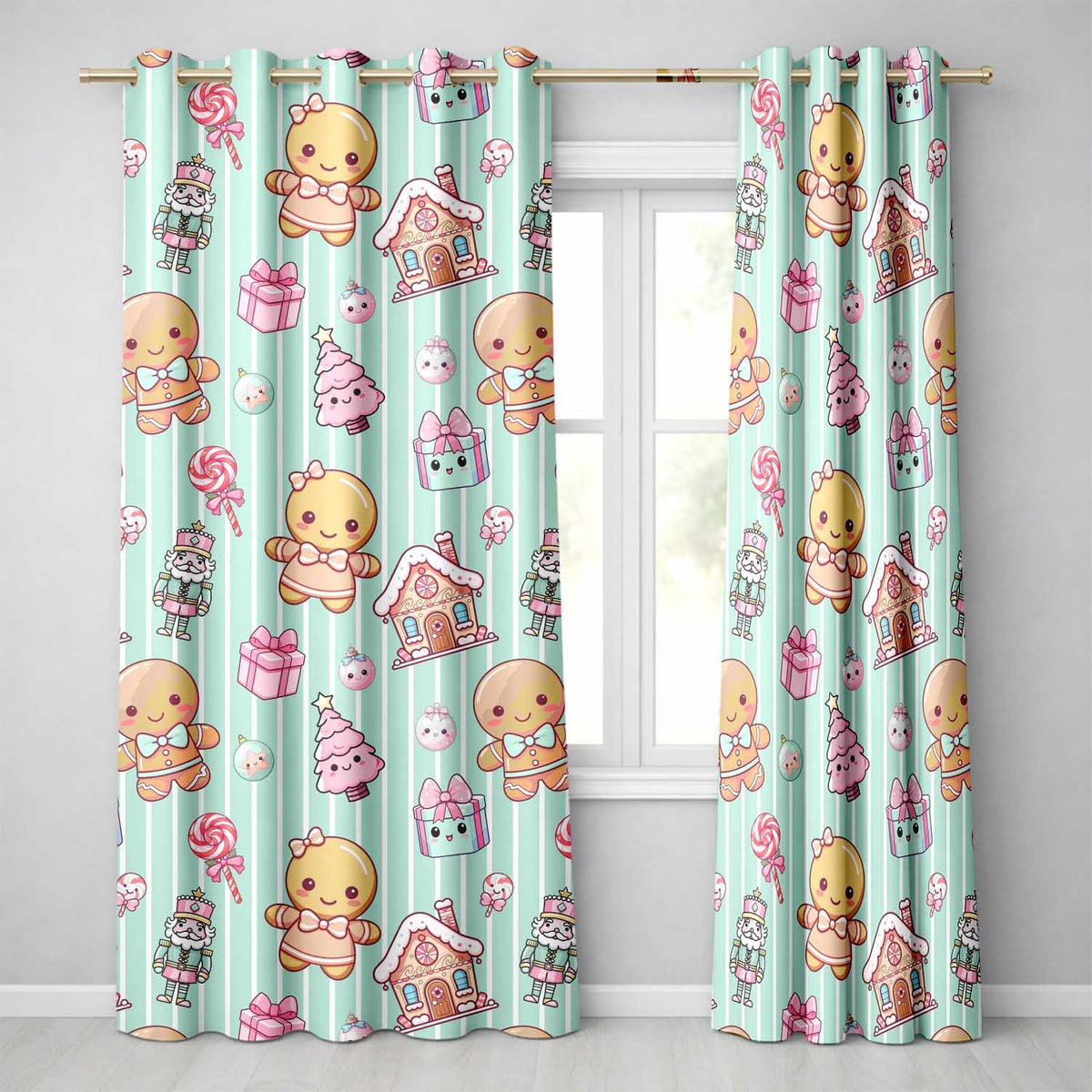 Cute Gingerbread Girl Candy House Sweet Mint Stripe Background Seamless Pattern  Readymade Eyelet Ring Top Thermal 100% Blackout Curtains