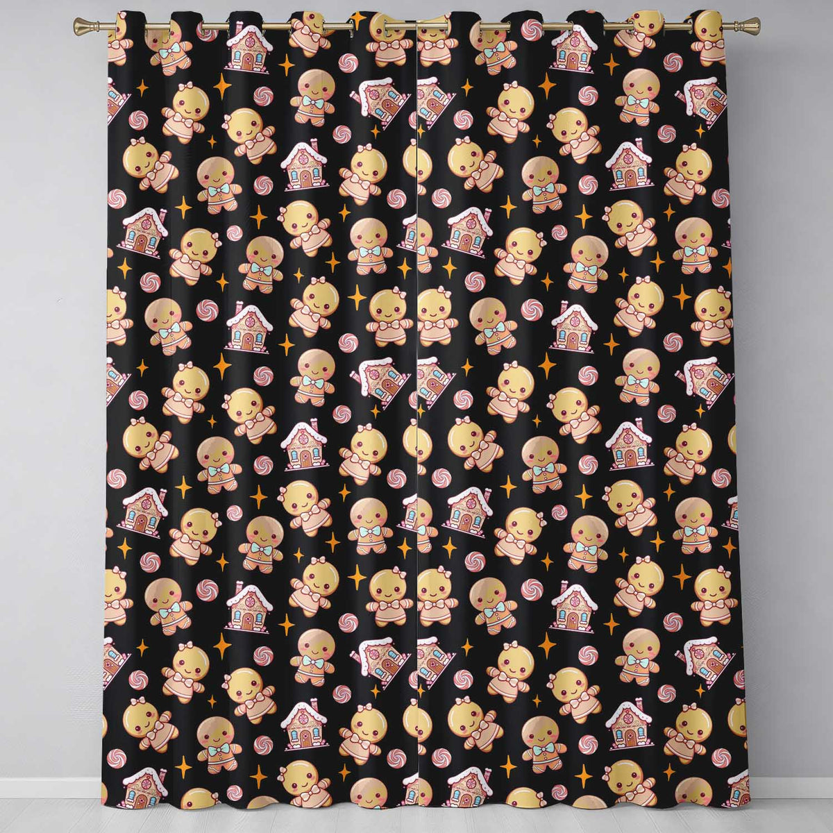 Cute Gingerbread Cookies Candy Stars Black Background Seamless Pattern  Readymade Eyelet Ring Top Thermal 100% Blackout Curtains