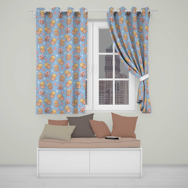 Cute Gingerbread Cookies Candy House Sweets Blue Background Seamless Pattern  Readymade Eyelet Ring Top Thermal 100% Blackout Curtains
