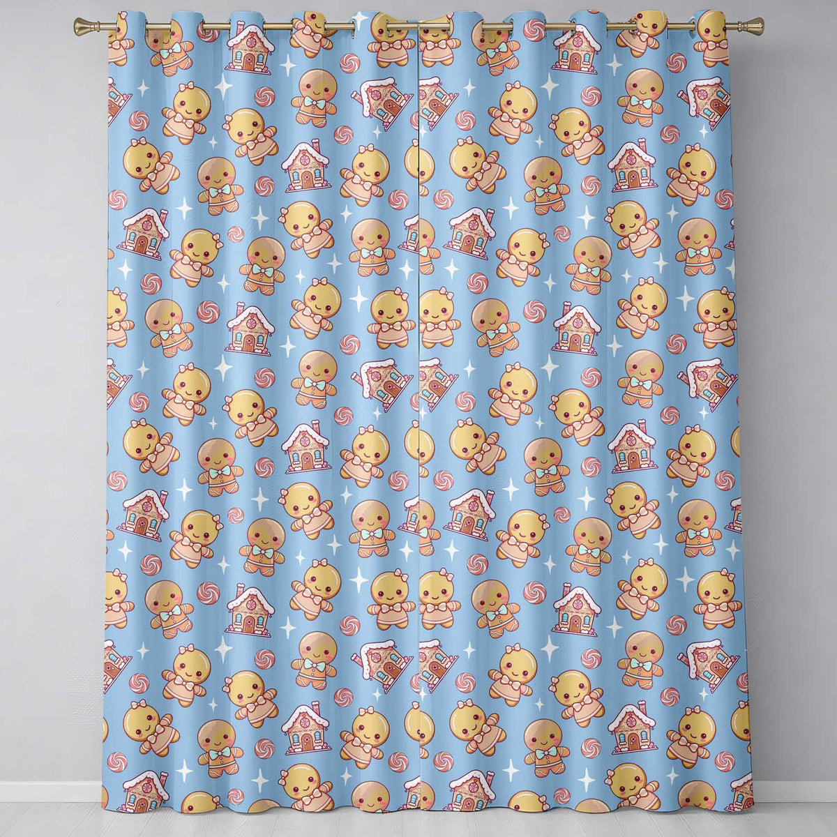 Cute Gingerbread Cookies Candy House Sweets Blue Background Seamless Pattern  Readymade Eyelet Ring Top Thermal 100% Blackout Curtains