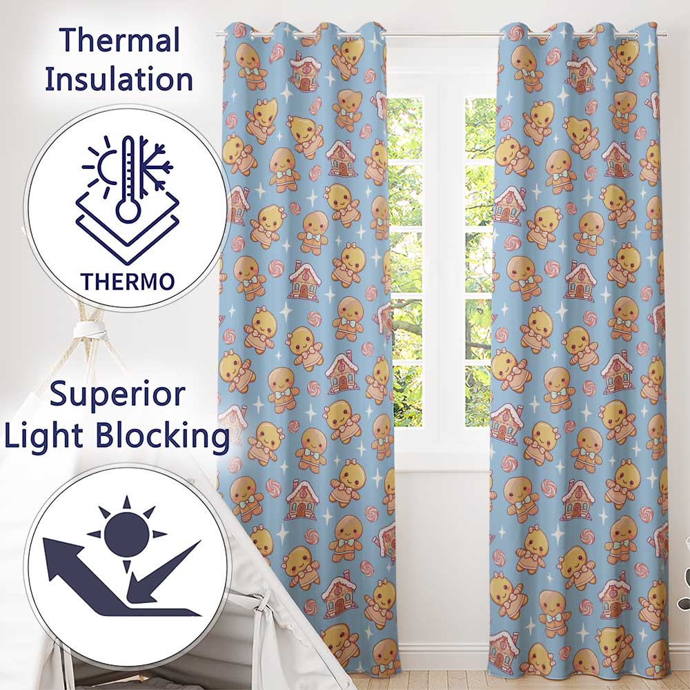 Cute Gingerbread Cookies Candy House Sweets Blue Background Seamless Pattern  Readymade Eyelet Ring Top Thermal 100% Blackout Curtains