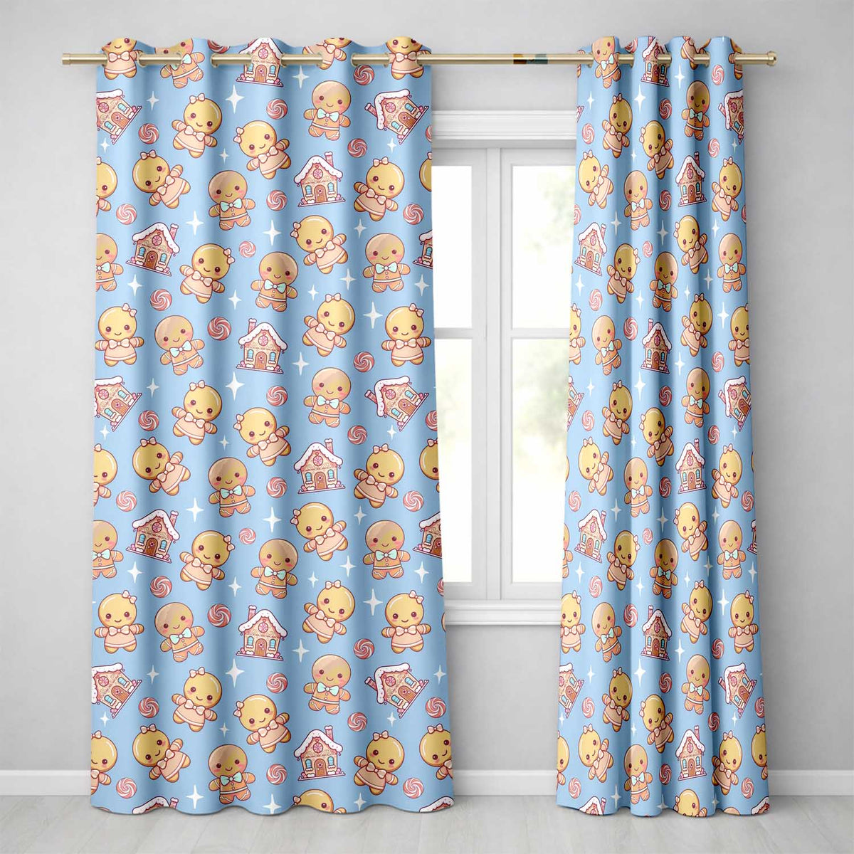 Cute Gingerbread Cookies Candy House Sweets Blue Background Seamless Pattern  Readymade Eyelet Ring Top Thermal 100% Blackout Curtains