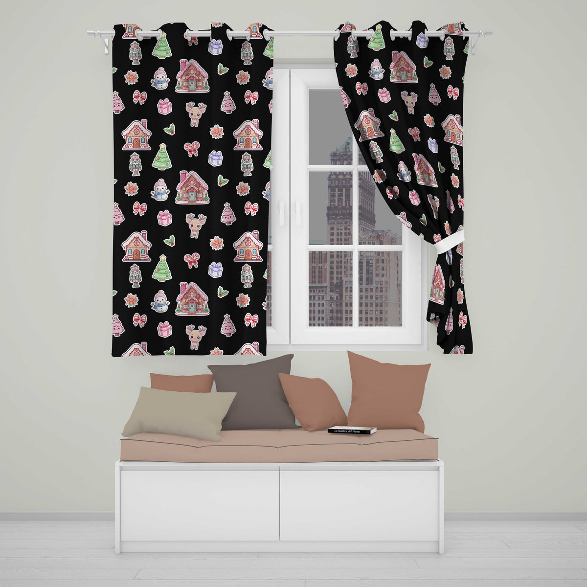 Christmas Gingerbread House Snowman Deer Seamless Pattern Black Background  Readymade Eyelet Ring Top Thermal 100% Blackout Curtains