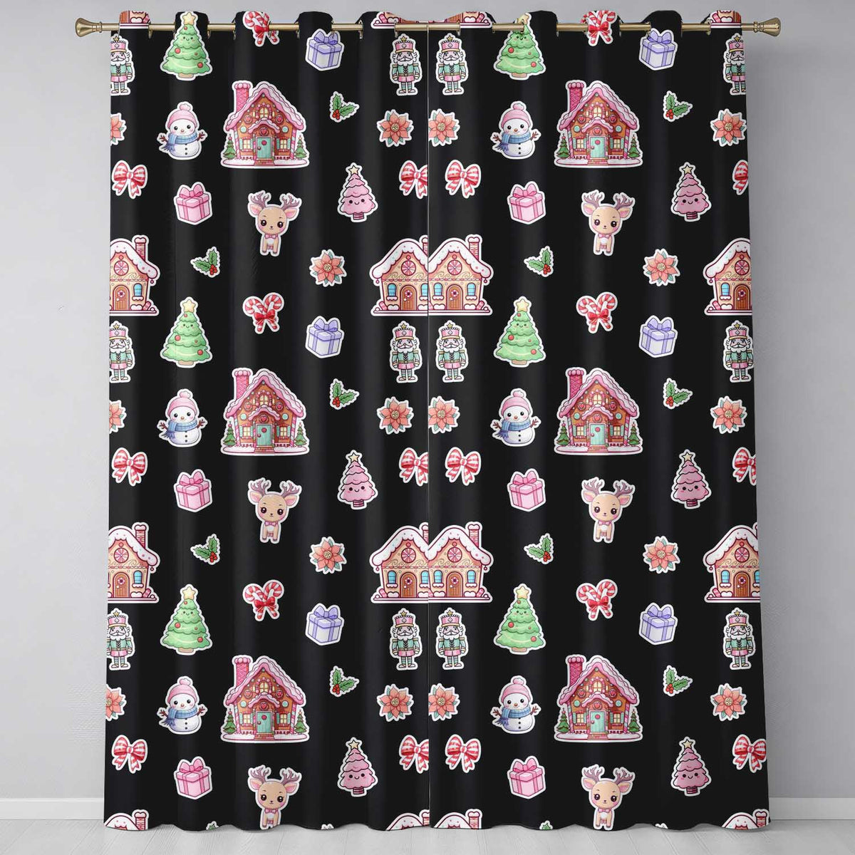 Christmas Gingerbread House Snowman Deer Seamless Pattern Black Background  Readymade Eyelet Ring Top Thermal 100% Blackout Curtains