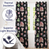 Christmas Gingerbread House Snowman Deer Seamless Pattern Black Background  Readymade Eyelet Ring Top Thermal 100% Blackout Curtains