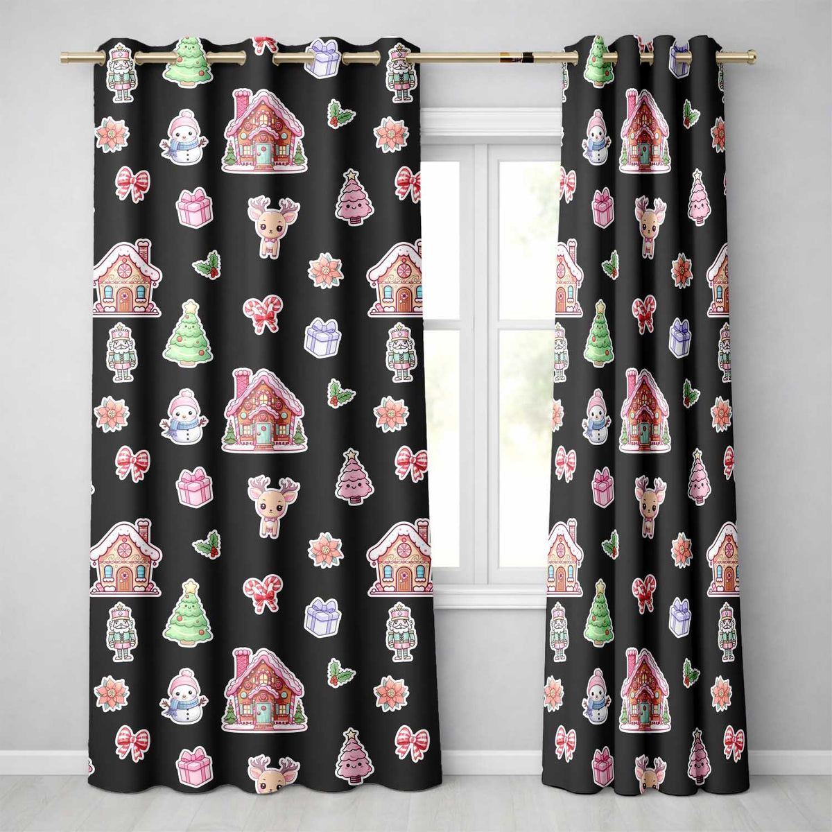 Christmas Gingerbread House Snowman Deer Seamless Pattern Black Background  Readymade Eyelet Ring Top Thermal 100% Blackout Curtains