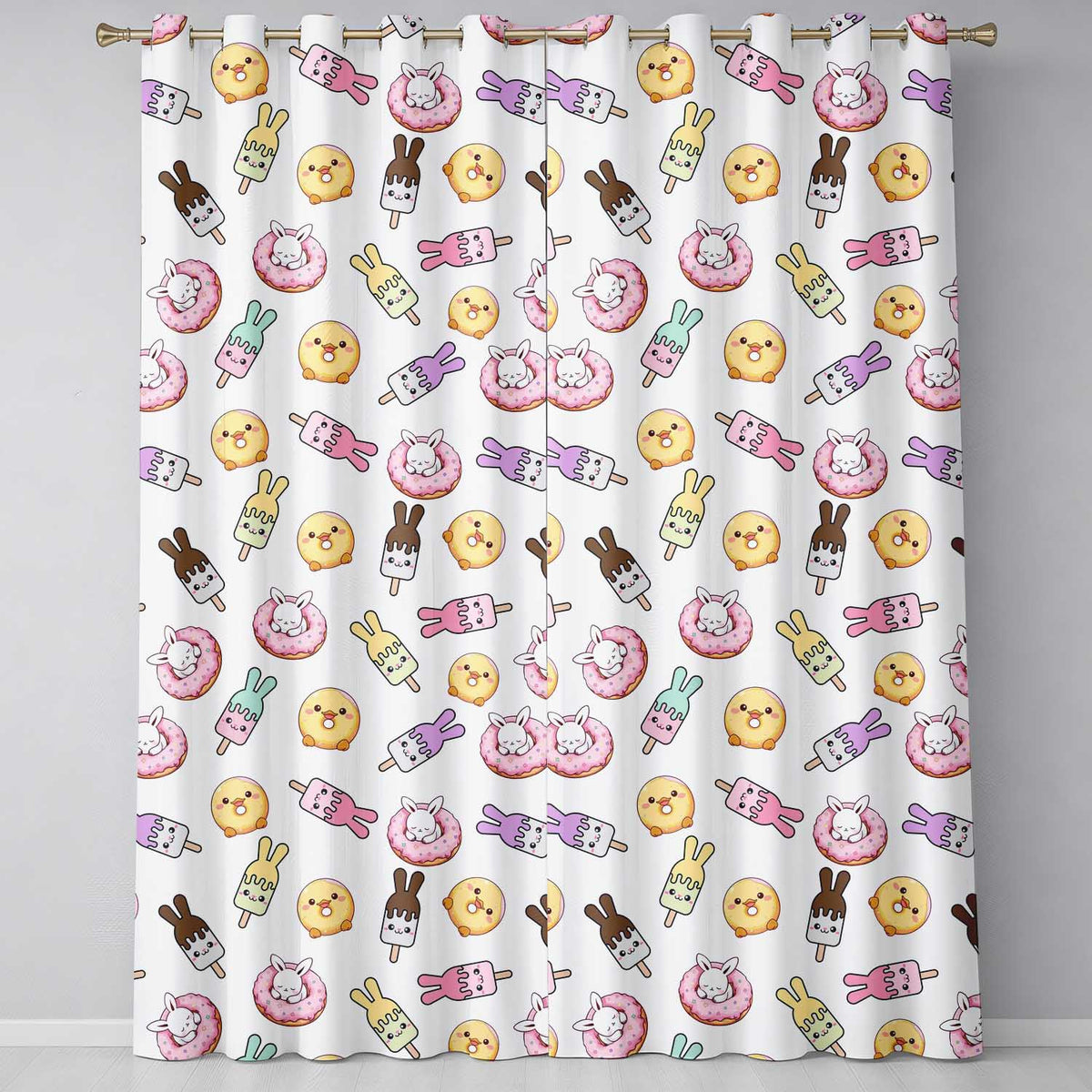 Cute Bunny Ice Cream Donut Dessert Sweet Kawaii Seamless Pattern  Readymade Eyelet Ring Top Thermal 100% Blackout Curtains