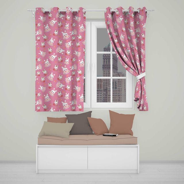 Cute Strawberry Bunny Macaron Dessert Kawaii Pink Background Seamless Pattern  Readymade Eyelet Ring Top Thermal 100% Blackout Curtains