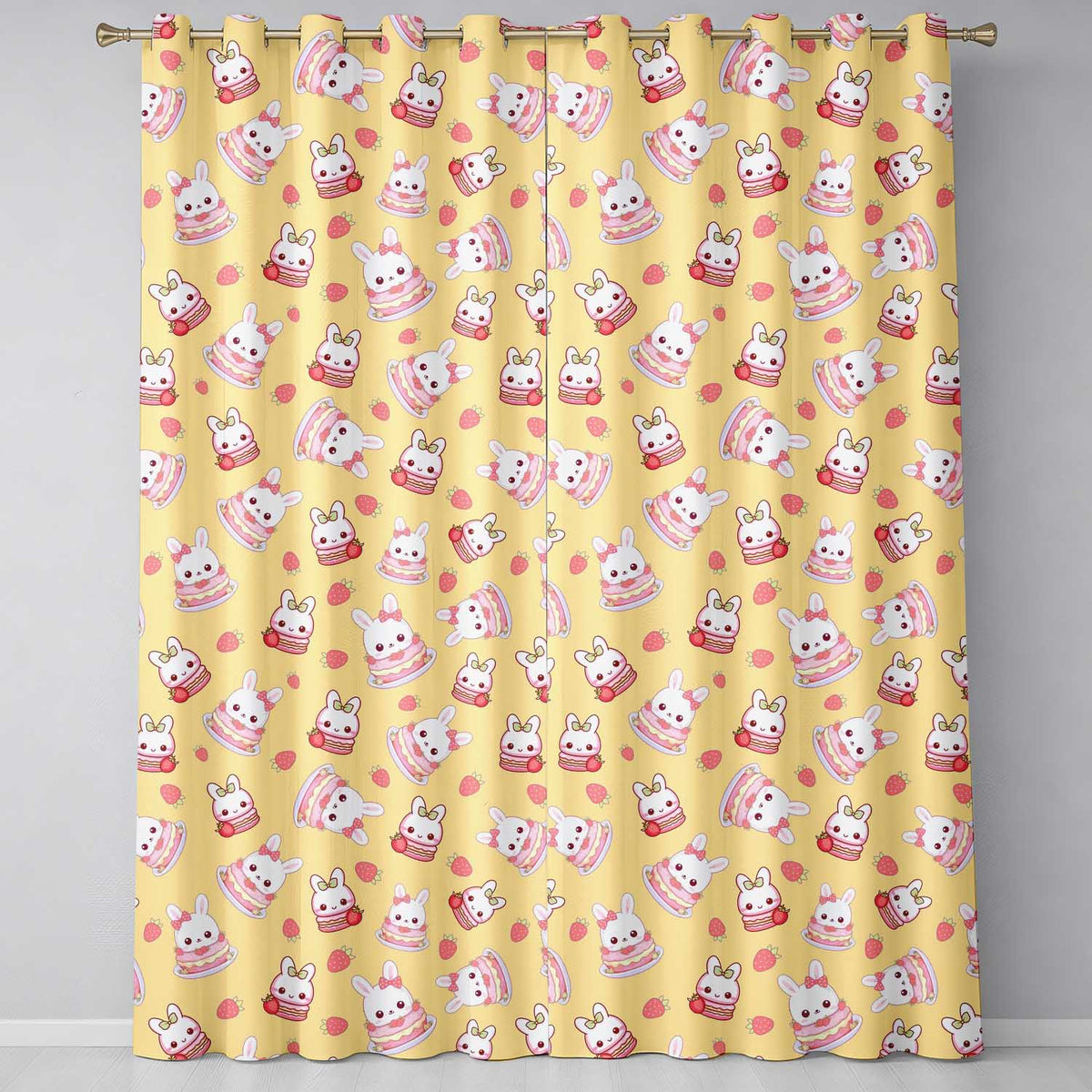 Cute Strawberry Bunny Macaron Dessert Kawaii Yellow Background Seamless Pattern  Readymade Eyelet Ring Top Thermal 100% Blackout Curtains