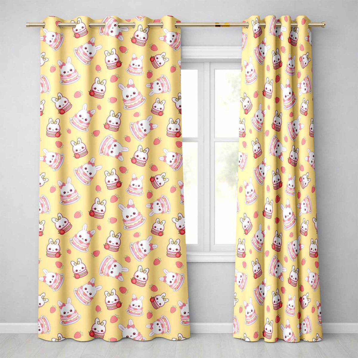 Cute Strawberry Bunny Macaron Dessert Kawaii Yellow Background Seamless Pattern  Readymade Eyelet Ring Top Thermal 100% Blackout Curtains