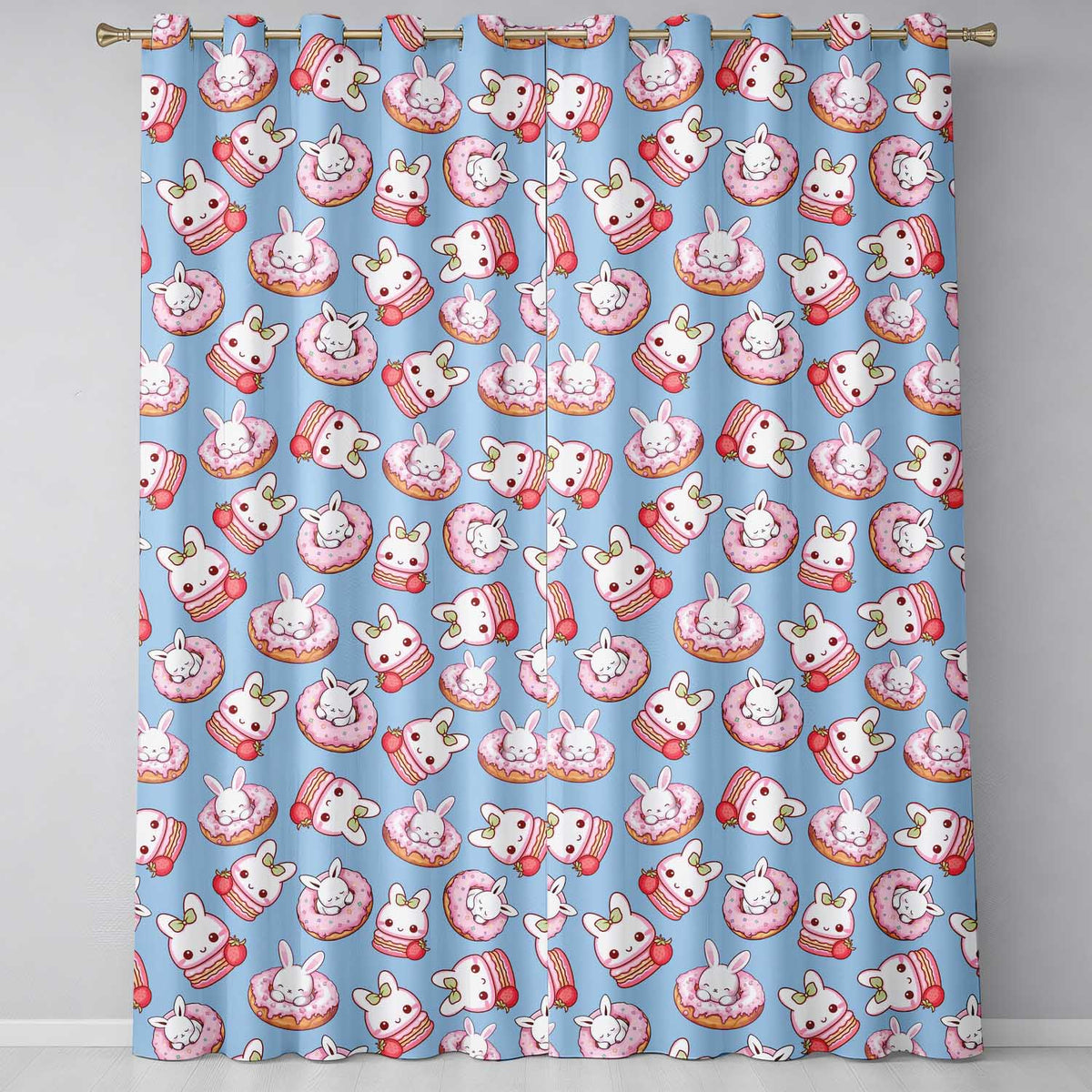 Cute Bunny Donut Strawberry Dessert Kawaii Blue Background Seamless Pattern  Readymade Eyelet Ring Top Thermal 100% Blackout Curtains