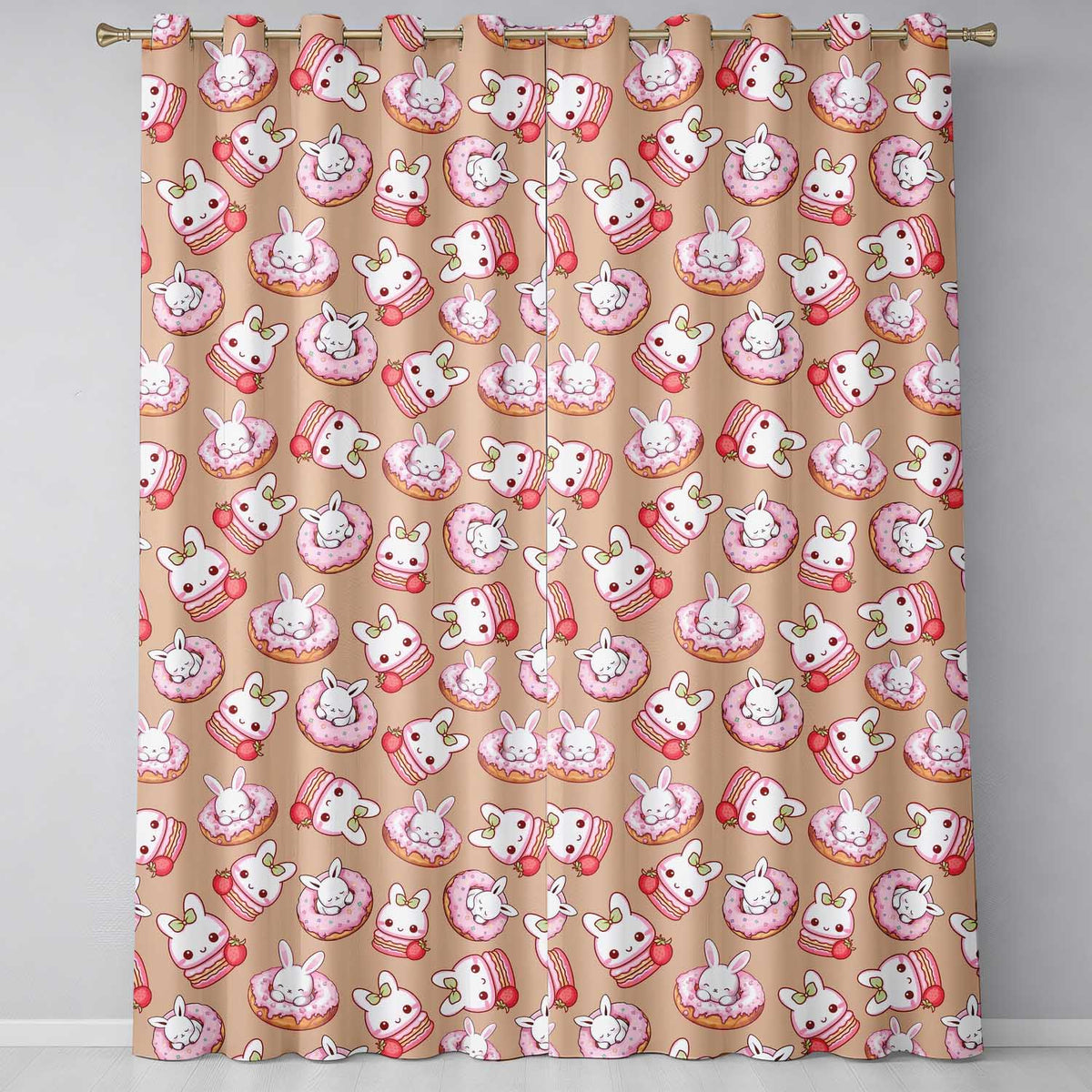 Cute Bunny Donut Strawberry Dessert Kawaii Peach Background Seamless Pattern  Readymade Eyelet Ring Top Thermal 100% Blackout Curtains