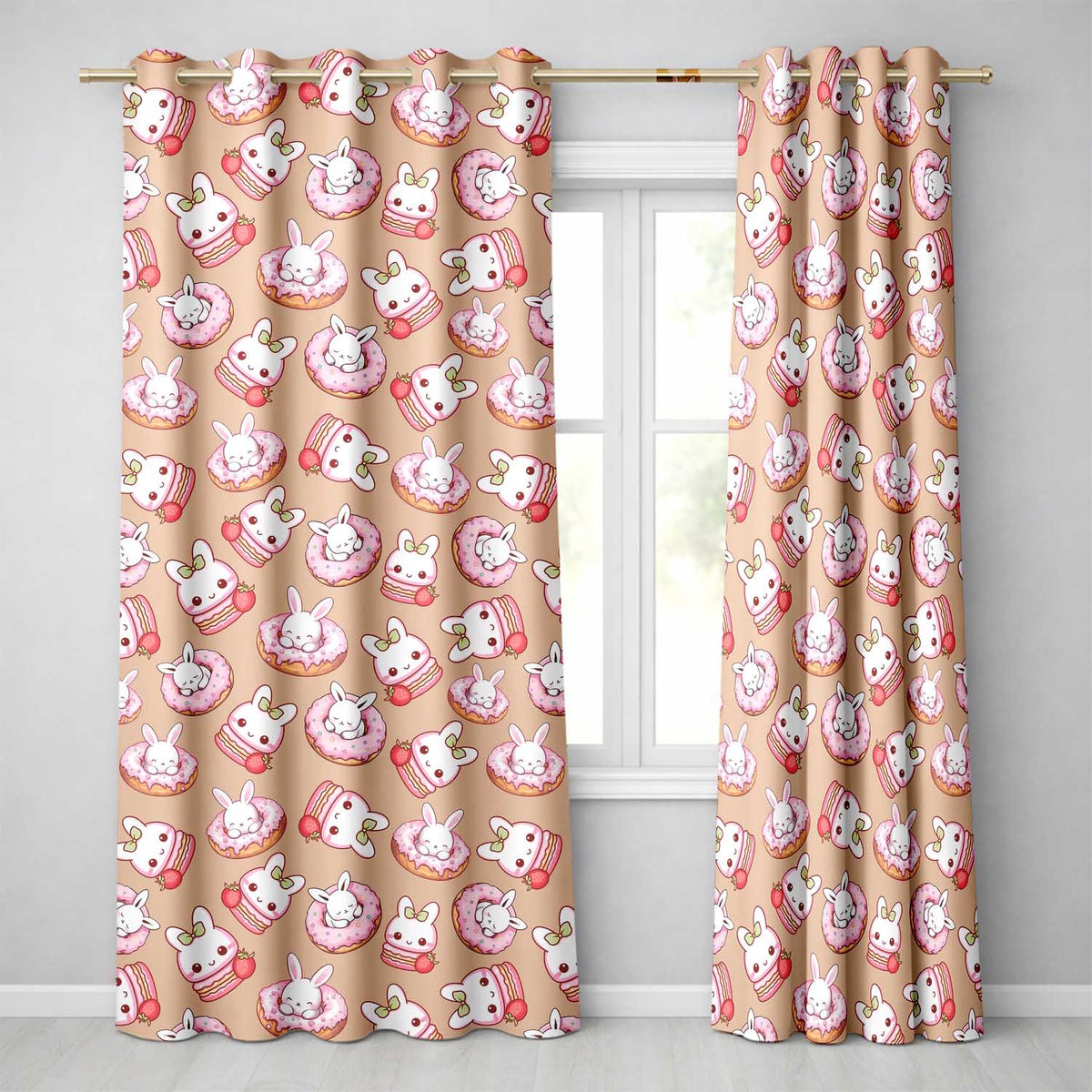 Cute Bunny Donut Strawberry Dessert Kawaii Peach Background Seamless Pattern  Readymade Eyelet Ring Top Thermal 100% Blackout Curtains
