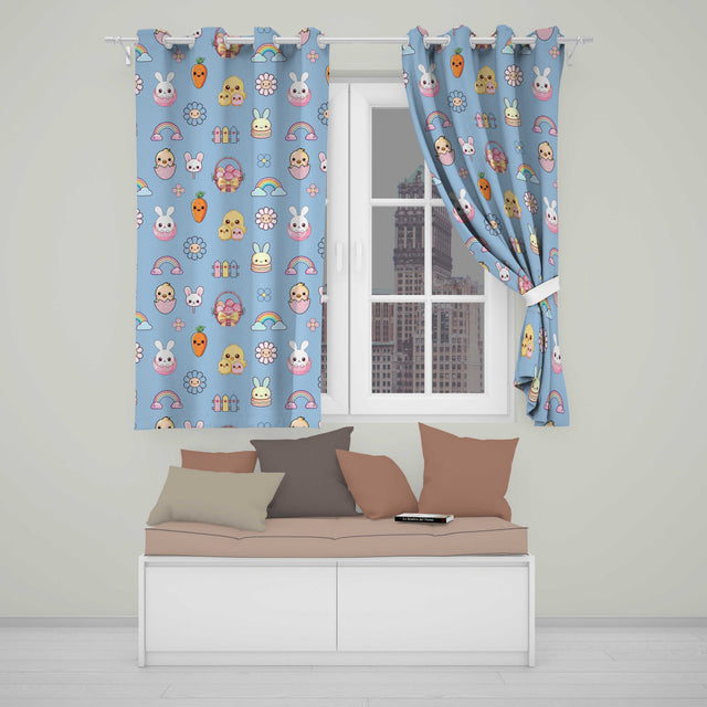 Easter Chick Bunny Carrot Rainbow Fence Kawai Blue Background Seamless Pattern  Readymade Eyelet Ring Top Thermal 100% Blackout Curtains