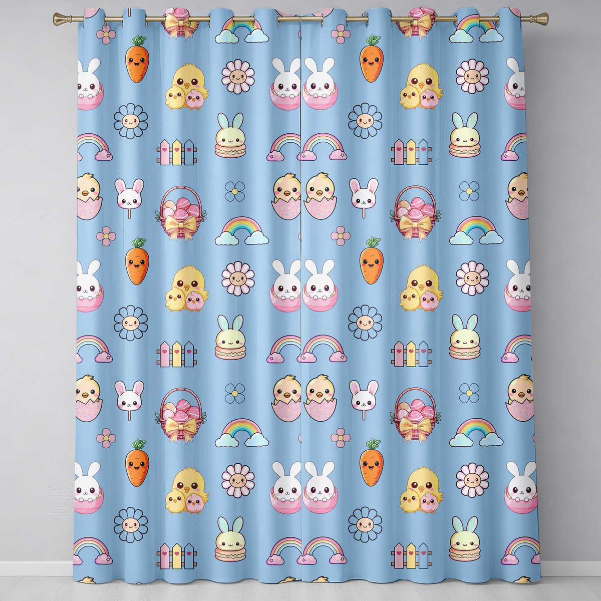 Easter Chick Bunny Carrot Rainbow Fence Kawai Blue Background Seamless Pattern  Readymade Eyelet Ring Top Thermal 100% Blackout Curtains