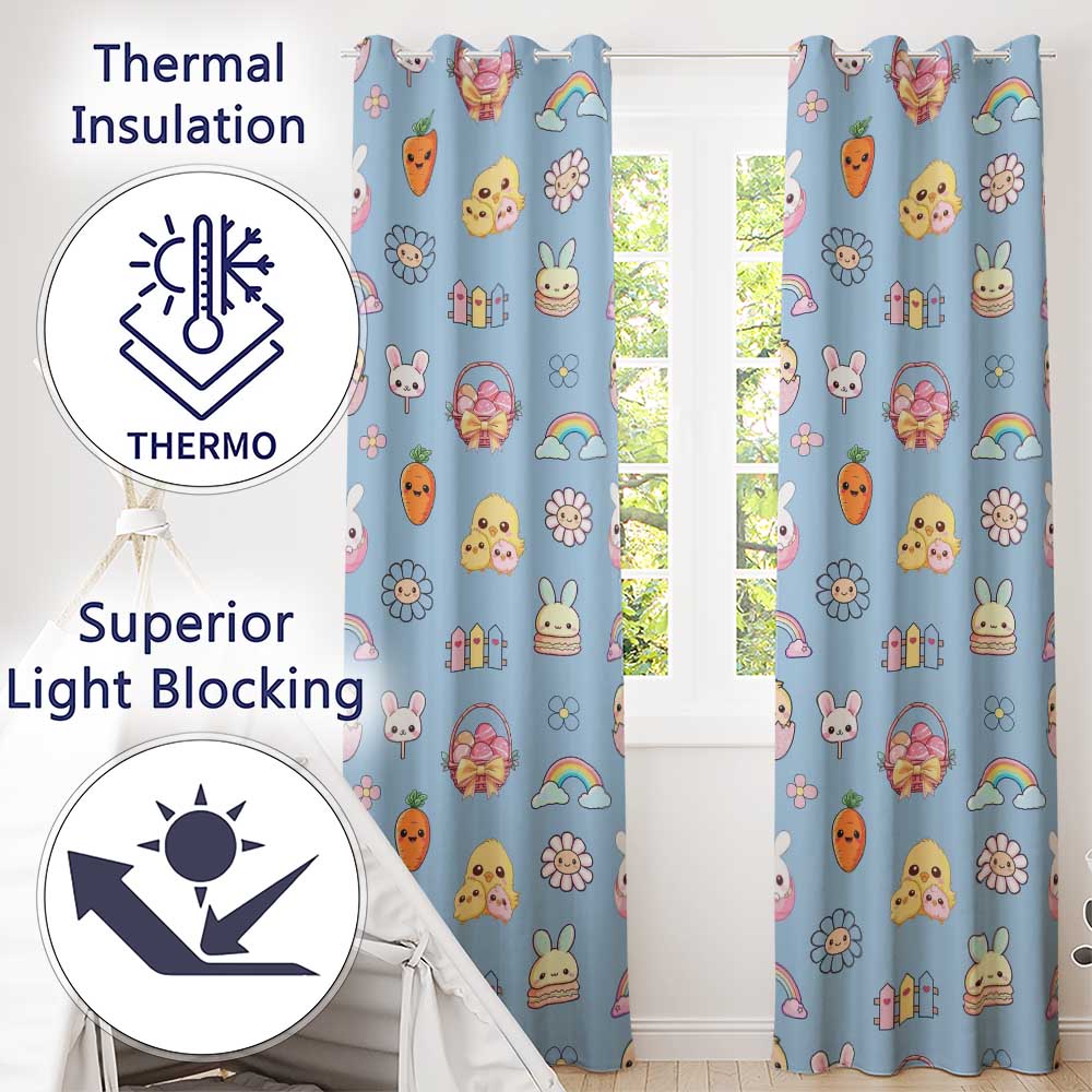 Easter Chick Bunny Carrot Rainbow Fence Kawai Blue Background Seamless Pattern  Readymade Eyelet Ring Top Thermal 100% Blackout Curtains