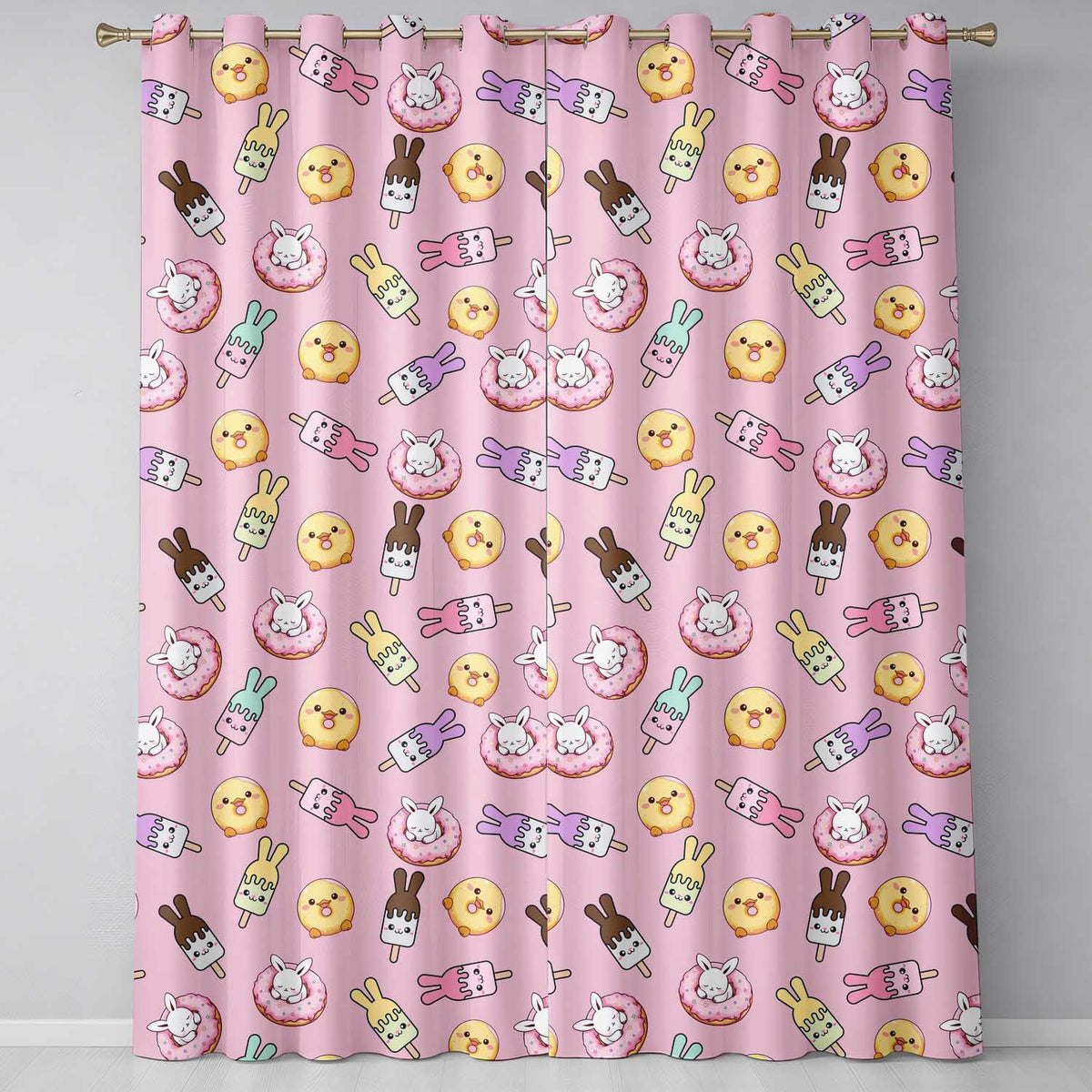 Easter Bunny Ice Cream Donut Chick Kawaii Pastel Pink Background Seamless Pattern Readymade Eyelet Ring Top Thermal 100% Blackout Curtains