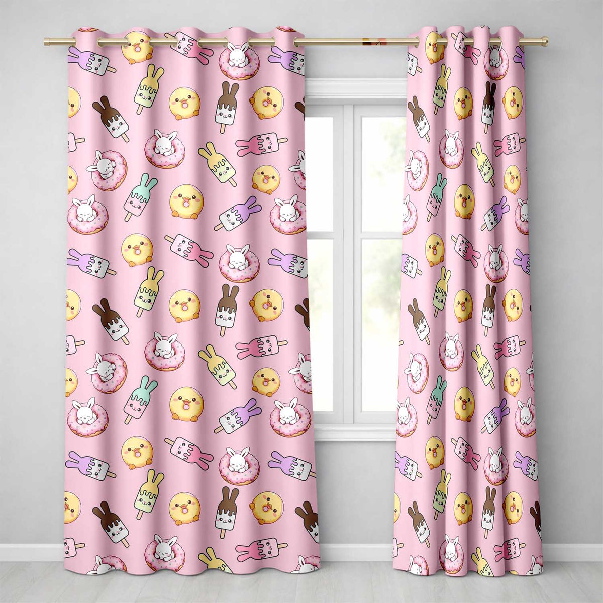 Easter Bunny Ice Cream Donut Chick Kawaii Pastel Pink Background Seamless Pattern Readymade Eyelet Ring Top Thermal 100% Blackout Curtains