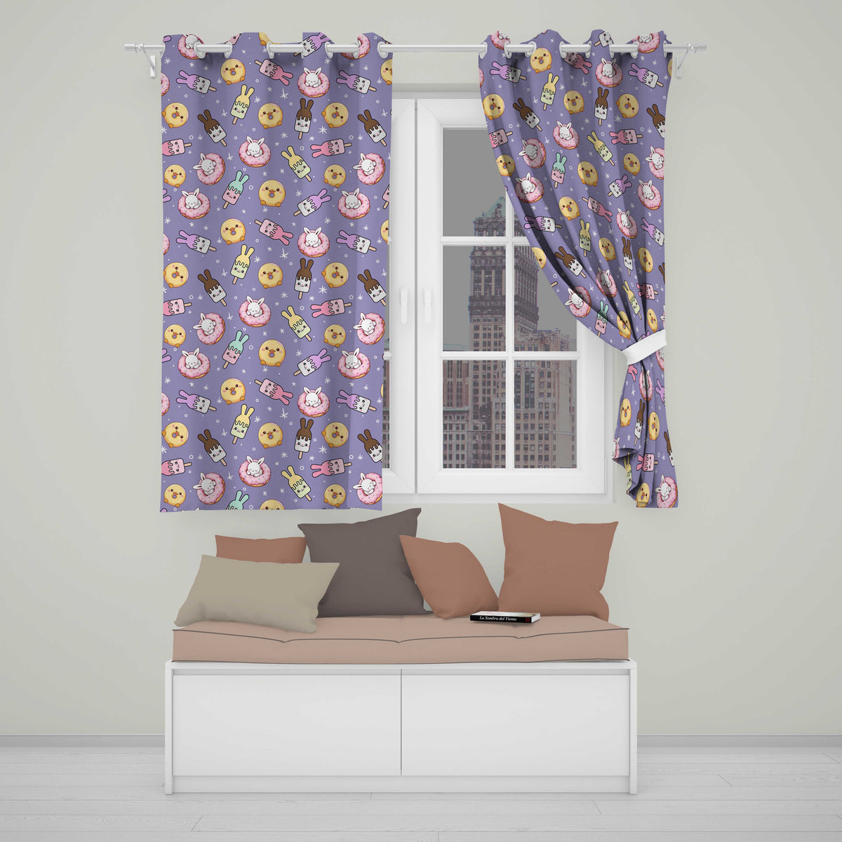 Easter Bunny Ice Cream Donut Chick Kawaii Purple Star Background Seamless Pattern Readymade Eyelet Ring Top Thermal 100% Blackout Curtains