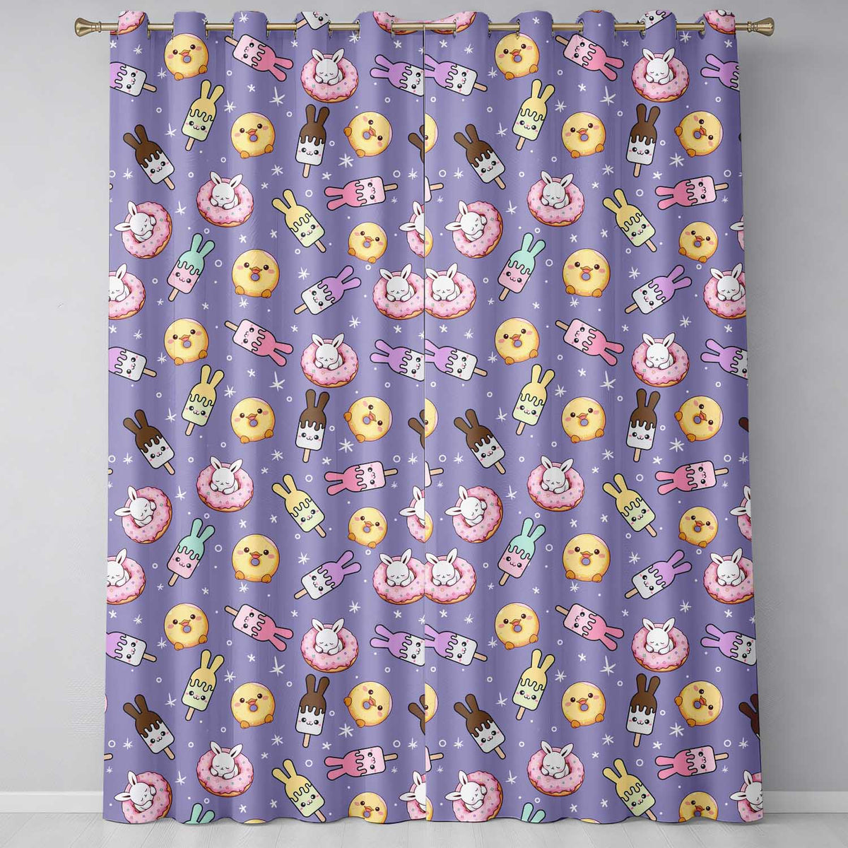 Easter Bunny Ice Cream Donut Chick Kawaii Purple Star Background Seamless Pattern Readymade Eyelet Ring Top Thermal 100% Blackout Curtains