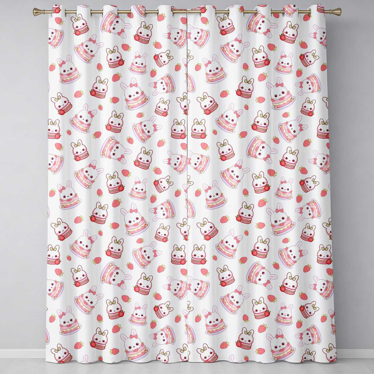 Cute Strawberry Bunny Cake Dessert Kawaii Cream Background Seamless Pattern  Readymade Eyelet Ring Top Thermal 100% Blackout Curtains