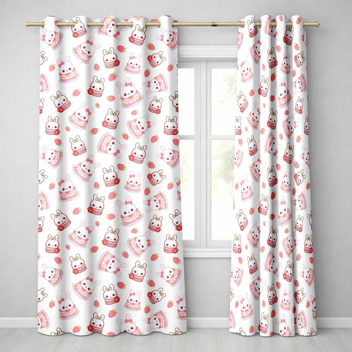 Cute Strawberry Bunny Cake Dessert Kawaii Cream Background Seamless Pattern  Readymade Eyelet Ring Top Thermal 100% Blackout Curtains