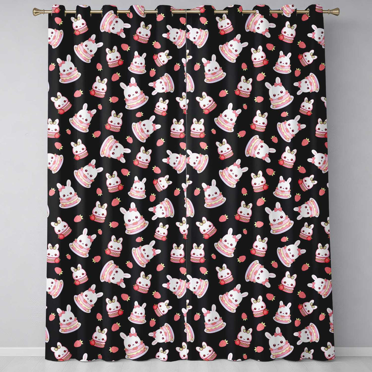 Cute Strawberry Bunny Cake Dessert Kawaii Black Background Seamless Pattern  Readymade Eyelet Ring Top Thermal 100% Blackout Curtains