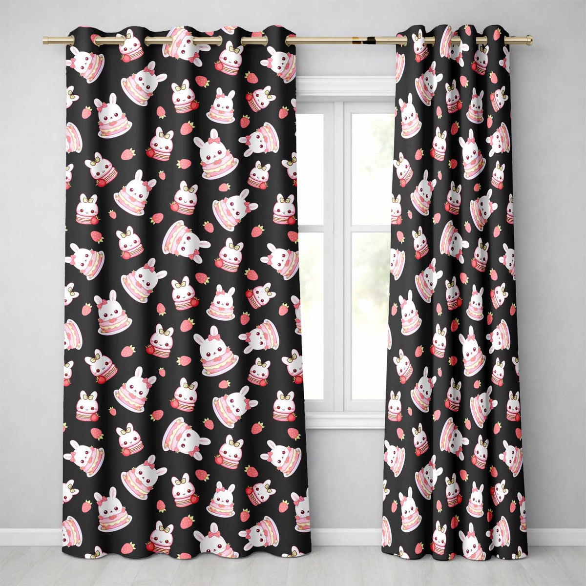 Cute Strawberry Bunny Cake Dessert Kawaii Black Background Seamless Pattern  Readymade Eyelet Ring Top Thermal 100% Blackout Curtains
