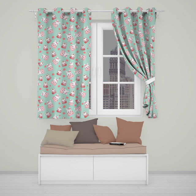 Cute Strawberry Bunny Cake Dessert Mint Background Seamless Pattern  Readymade Eyelet Ring Top Thermal 100% Blackout Curtains