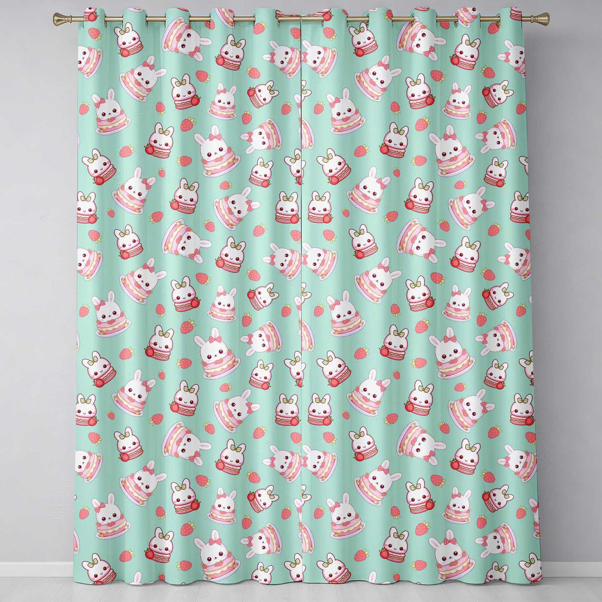 Cute Strawberry Bunny Cake Dessert Mint Background Seamless Pattern  Readymade Eyelet Ring Top Thermal 100% Blackout Curtains