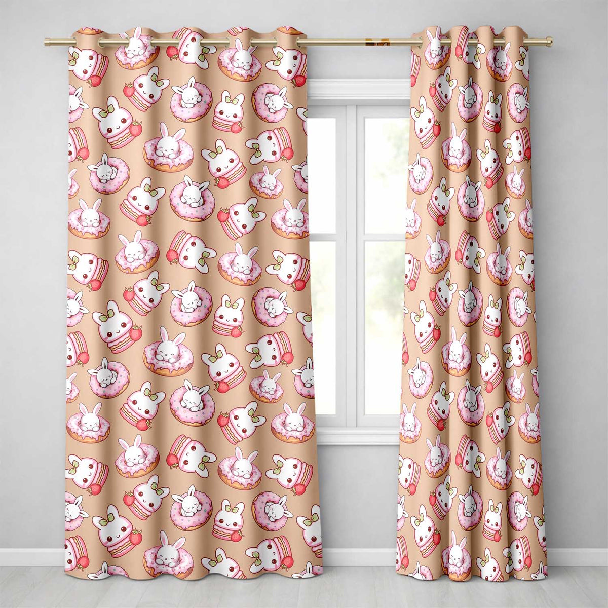 Cute Bunny Donut Dessert Kawaii Peach Background Seamless Pattern  Readymade Eyelet Ring Top Thermal 100% Blackout Curtains