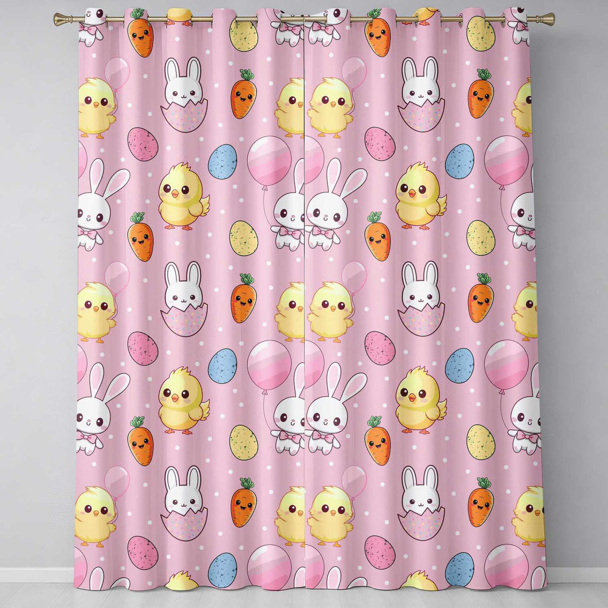 Cute Easter Bunny Chick Carrot Egg Pink Polka Dot Seamless Pattern  Readymade Eyelet Ring Top Thermal 100% Blackout Curtains