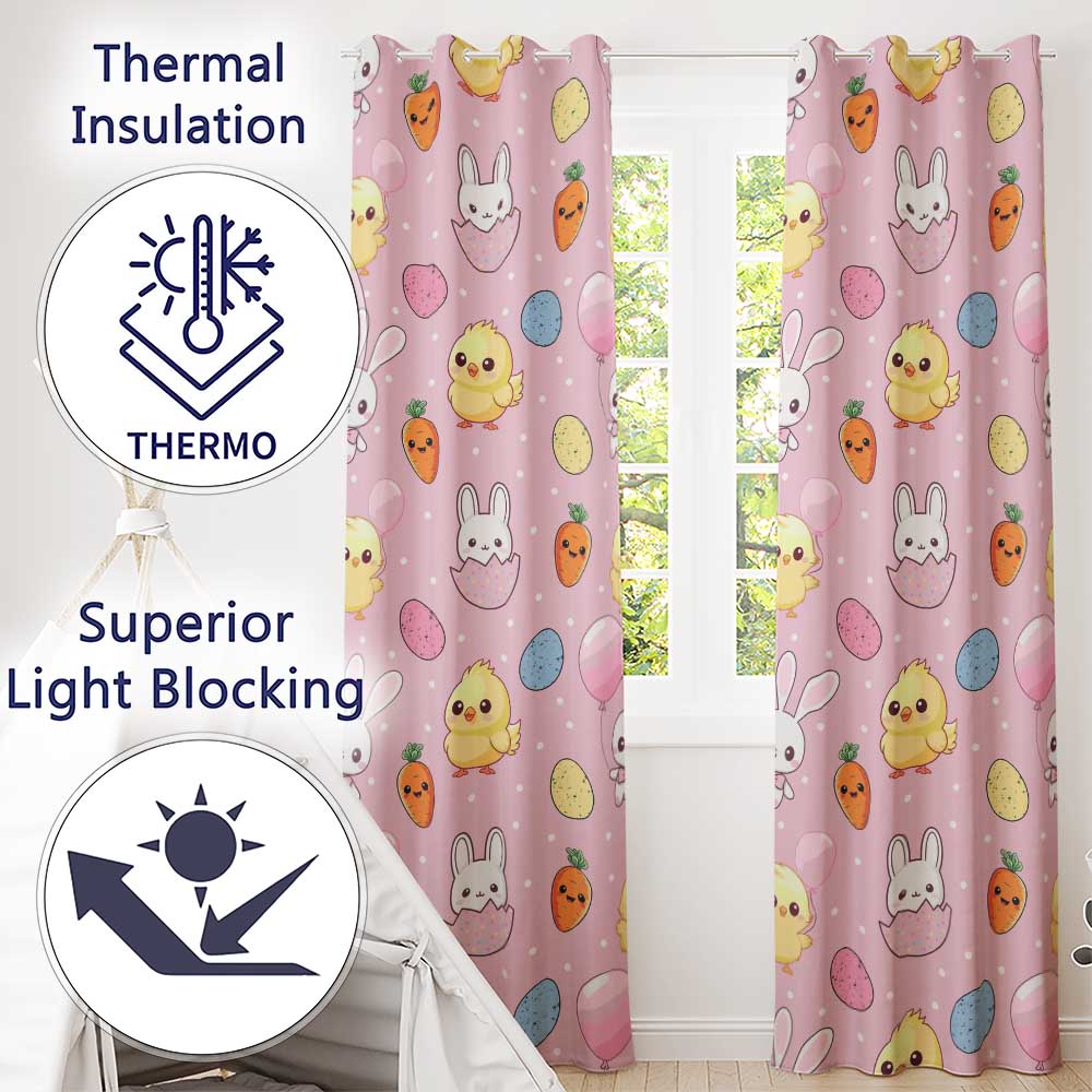 Cute Easter Bunny Chick Carrot Egg Pink Polka Dot Seamless Pattern  Readymade Eyelet Ring Top Thermal 100% Blackout Curtains