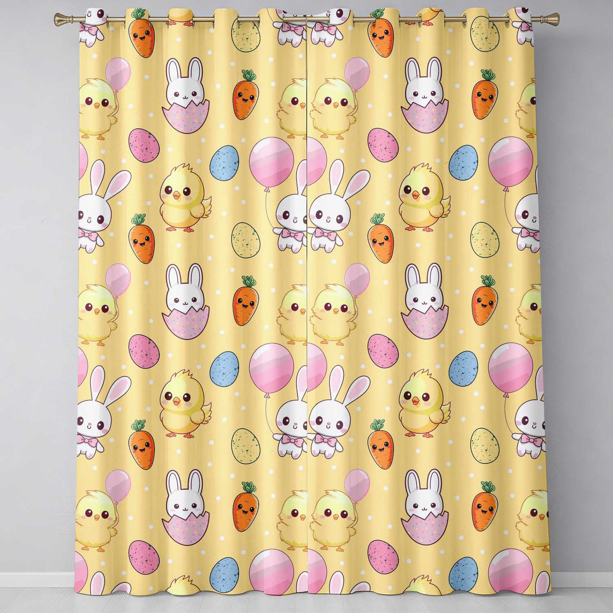 Cute Easter Bunny Chick Carrot Egg Yellow Polka Dot Seamless Pattern  Readymade Eyelet Ring Top Thermal 100% Blackout Curtains