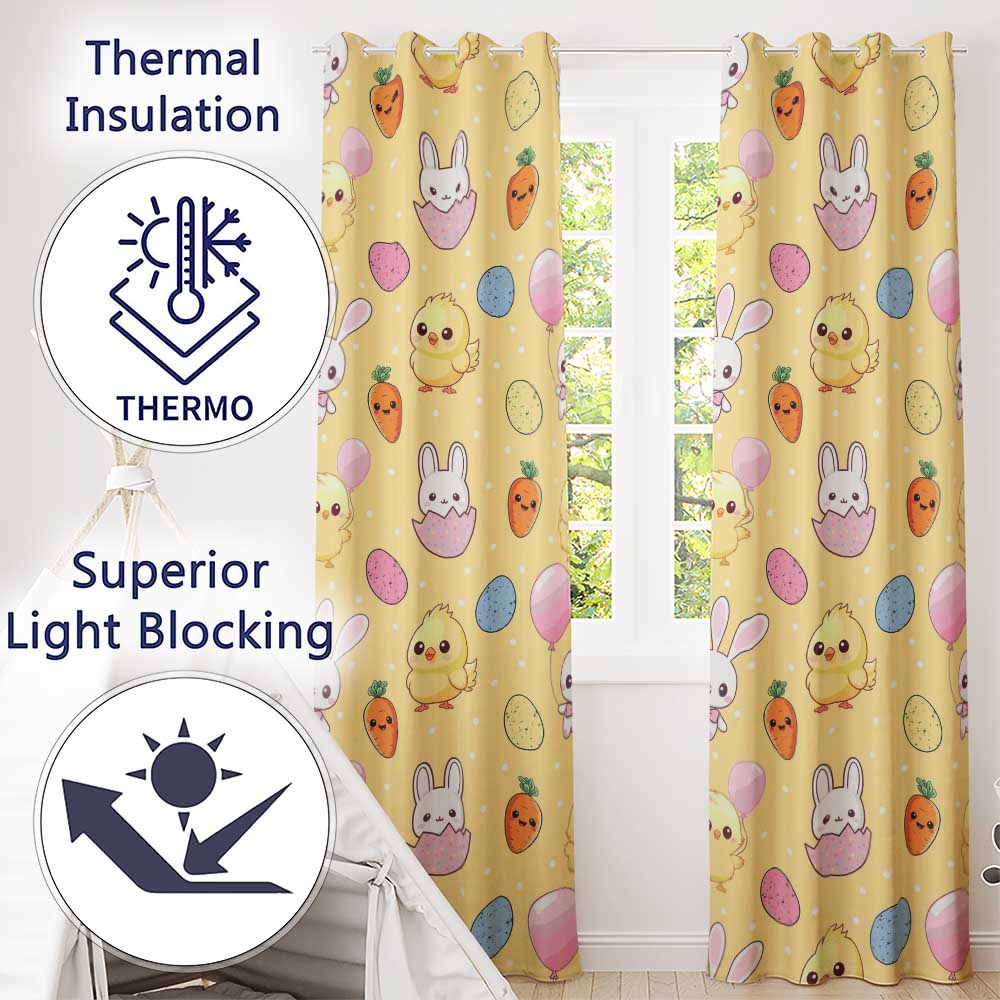 Cute Easter Bunny Chick Carrot Egg Yellow Polka Dot Seamless Pattern  Readymade Eyelet Ring Top Thermal 100% Blackout Curtains