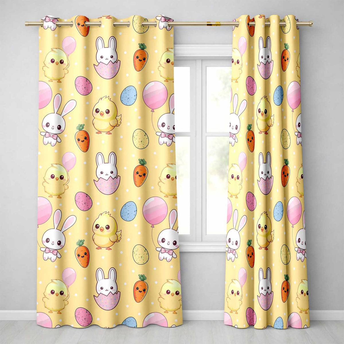 Cute Easter Bunny Chick Carrot Egg Yellow Polka Dot Seamless Pattern  Readymade Eyelet Ring Top Thermal 100% Blackout Curtains