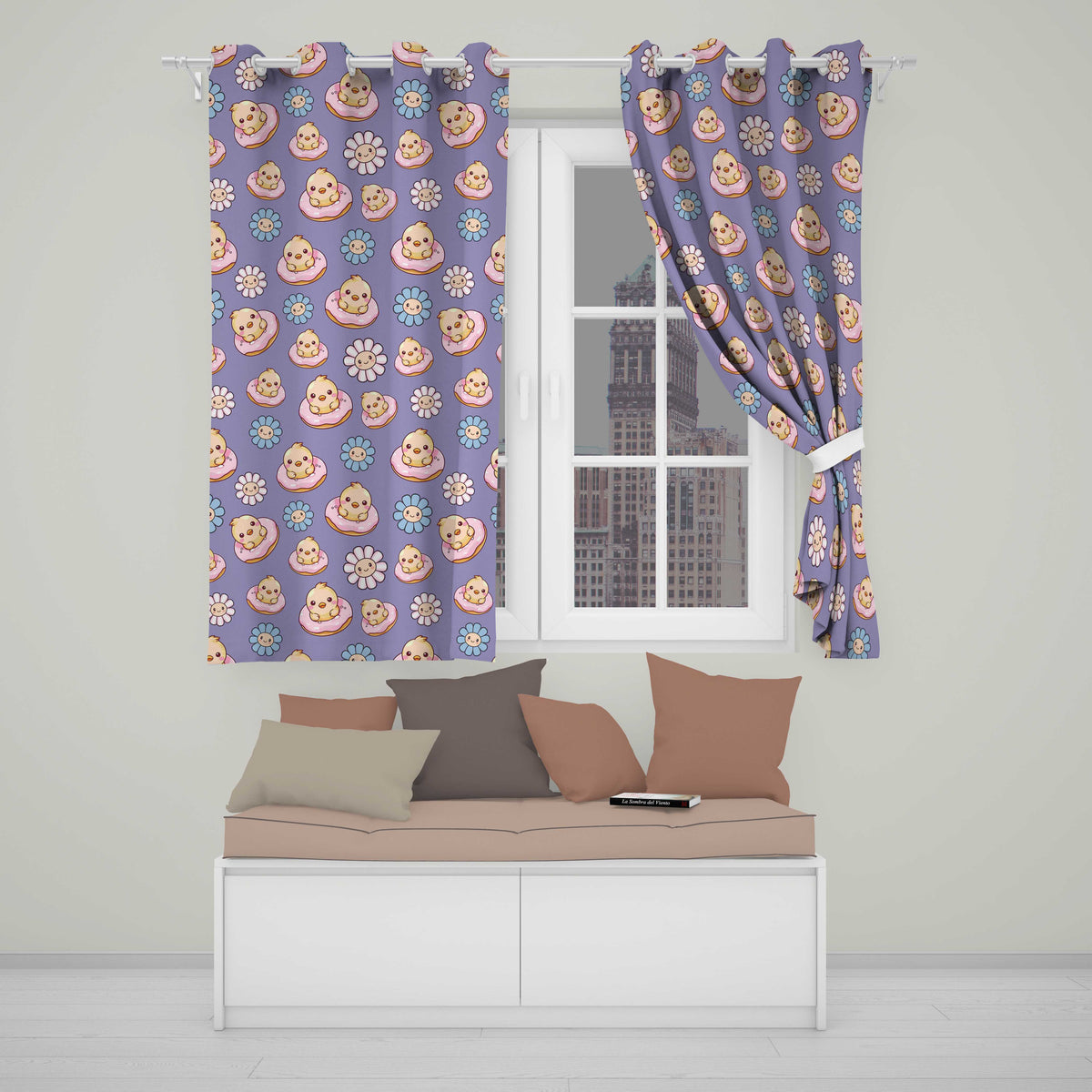 Kawaii Chick Sitting on Donut with Flowers Seamless Pattern Purple Background  Readymade Eyelet Ring Top Thermal 100% Blackout Curtains
