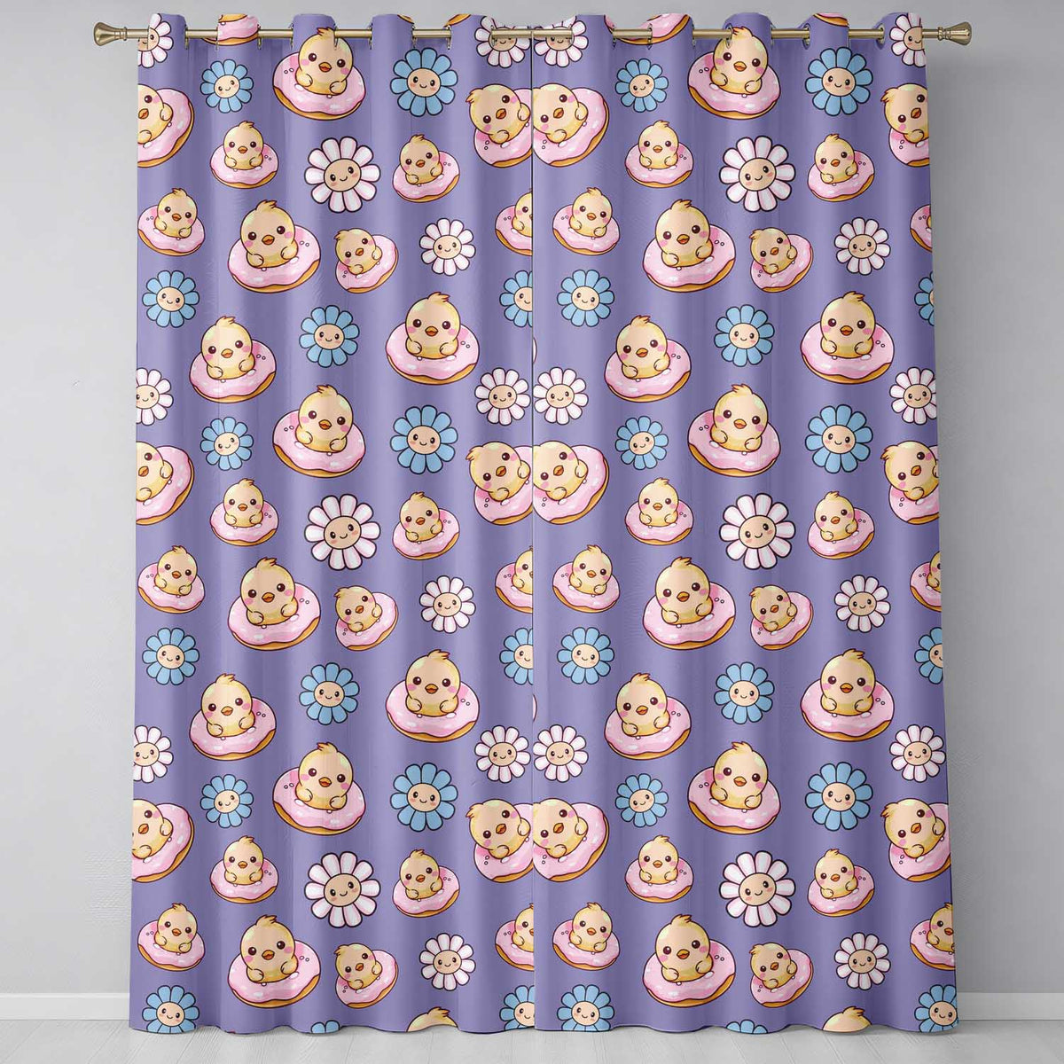 Kawaii Chick Sitting on Donut with Flowers Seamless Pattern Purple Background  Readymade Eyelet Ring Top Thermal 100% Blackout Curtains