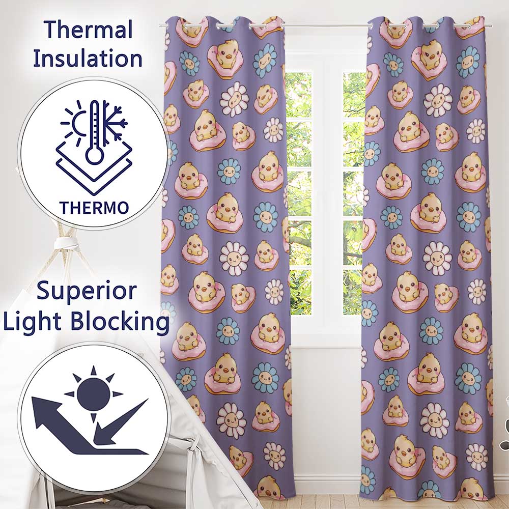 Kawaii Chick Sitting on Donut with Flowers Seamless Pattern Purple Background  Readymade Eyelet Ring Top Thermal 100% Blackout Curtains