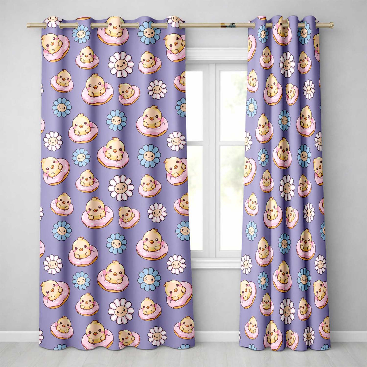 Kawaii Chick Sitting on Donut with Flowers Seamless Pattern Purple Background  Readymade Eyelet Ring Top Thermal 100% Blackout Curtains
