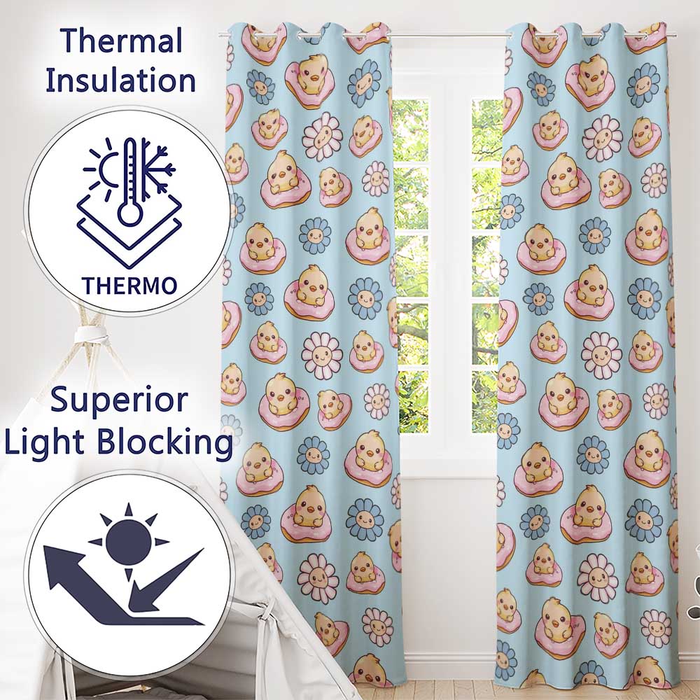 Kawaii Chick Sitting on Donut with Flowers Seamless Pattern Teal Background  Readymade Eyelet Ring Top Thermal 100% Blackout Curtains