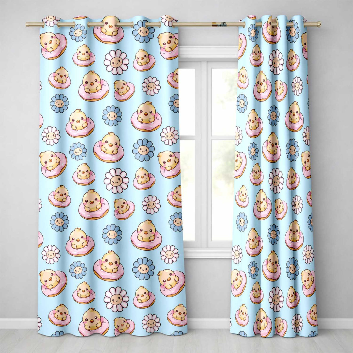 Kawaii Chick Sitting on Donut with Flowers Seamless Pattern Teal Background  Readymade Eyelet Ring Top Thermal 100% Blackout Curtains