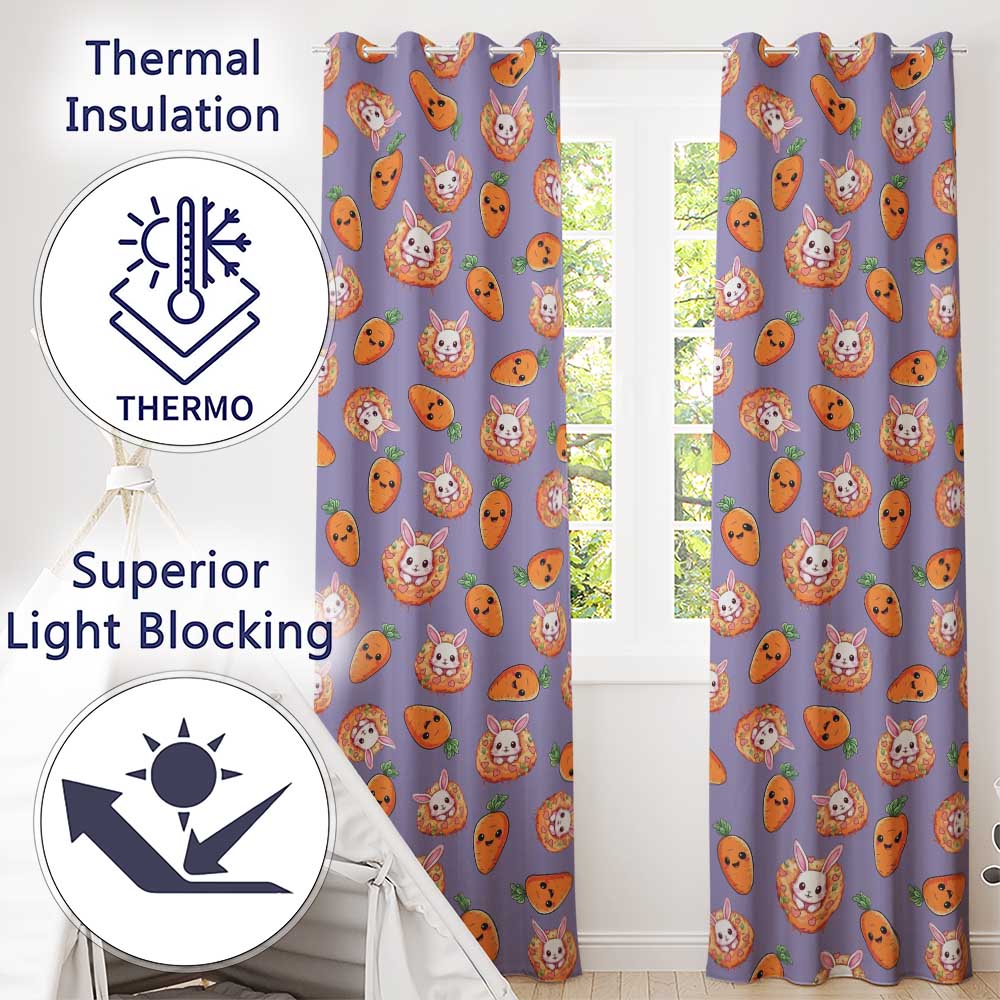 Cute Kawaii Bunny with Carrot Donut Seamless Pattern Purple Background  Readymade Eyelet Ring Top Thermal 100% Blackout Curtains