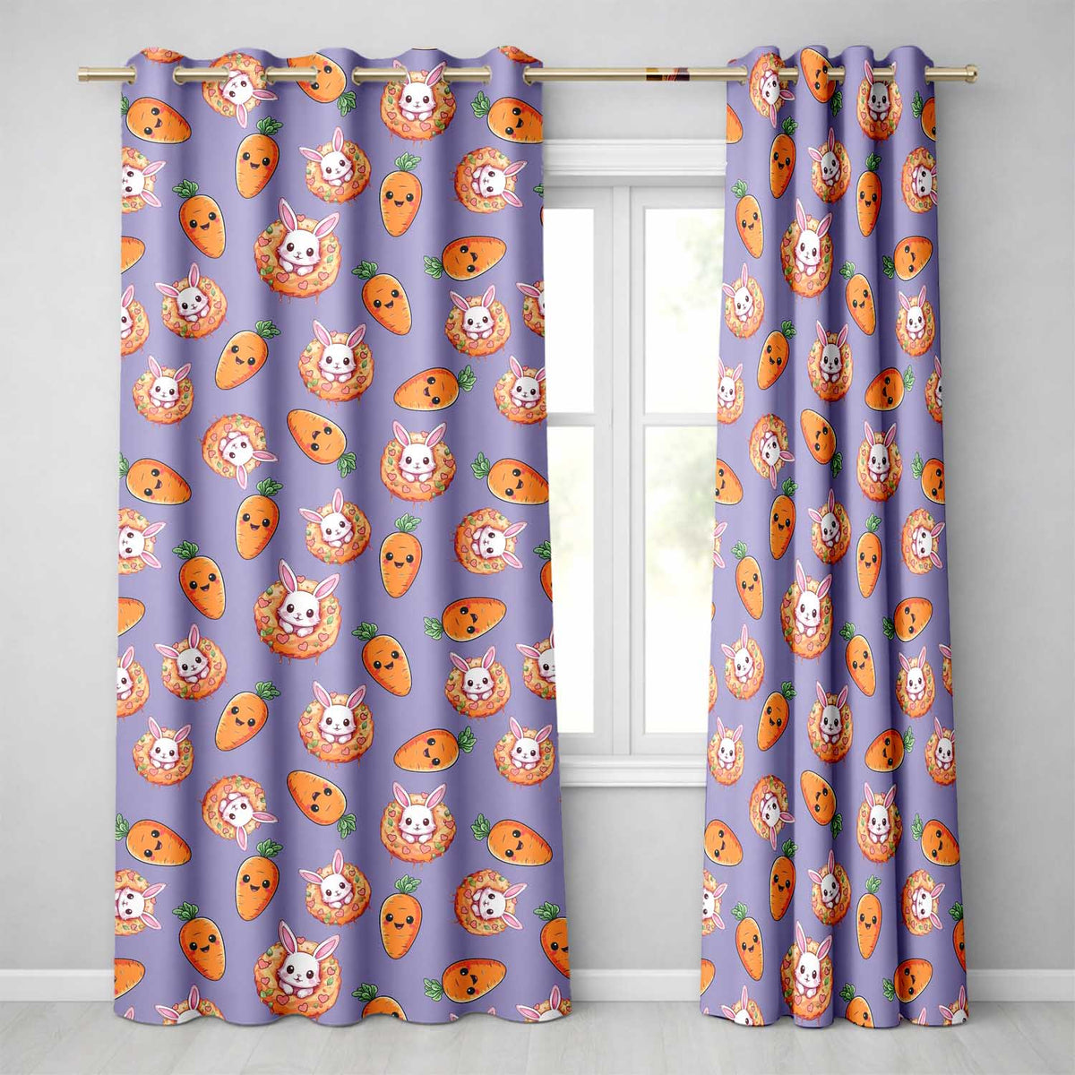 Cute Kawaii Bunny with Carrot Donut Seamless Pattern Purple Background  Readymade Eyelet Ring Top Thermal 100% Blackout Curtains