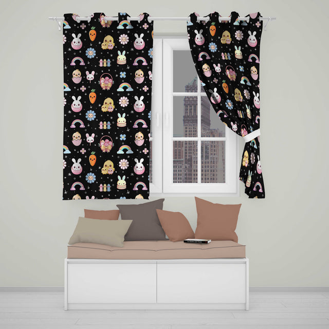 Easter Chick Bunny Macaron Carrot Rainbow Seamless Pattern Black Background  Readymade Eyelet Ring Top Thermal 100% Blackout Curtains