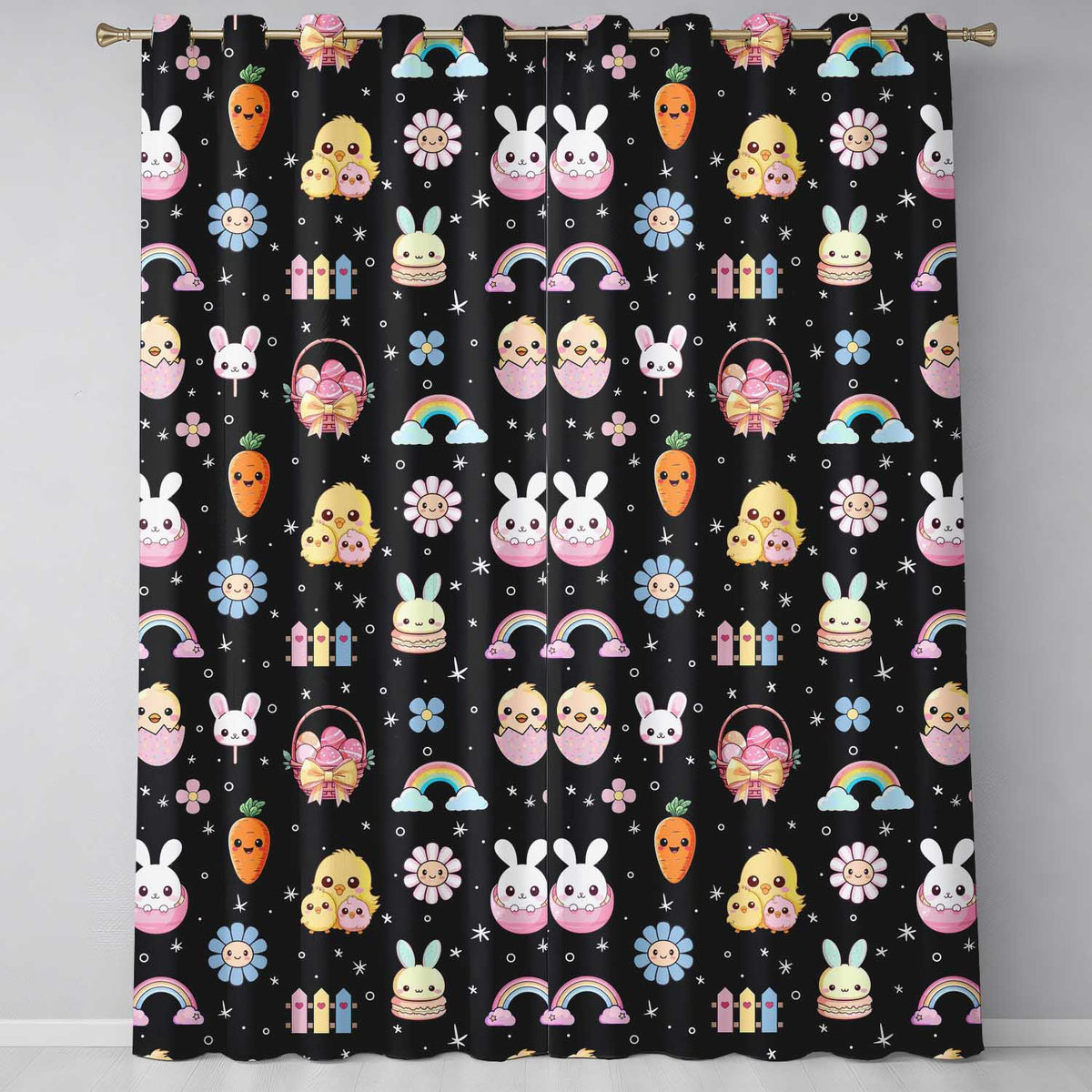 Easter Chick Bunny Macaron Carrot Rainbow Seamless Pattern Black Background  Readymade Eyelet Ring Top Thermal 100% Blackout Curtains