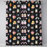 Easter Chick Bunny Macaron Carrot Rainbow Seamless Pattern Black Background  Readymade Eyelet Ring Top Thermal 100% Blackout Curtains